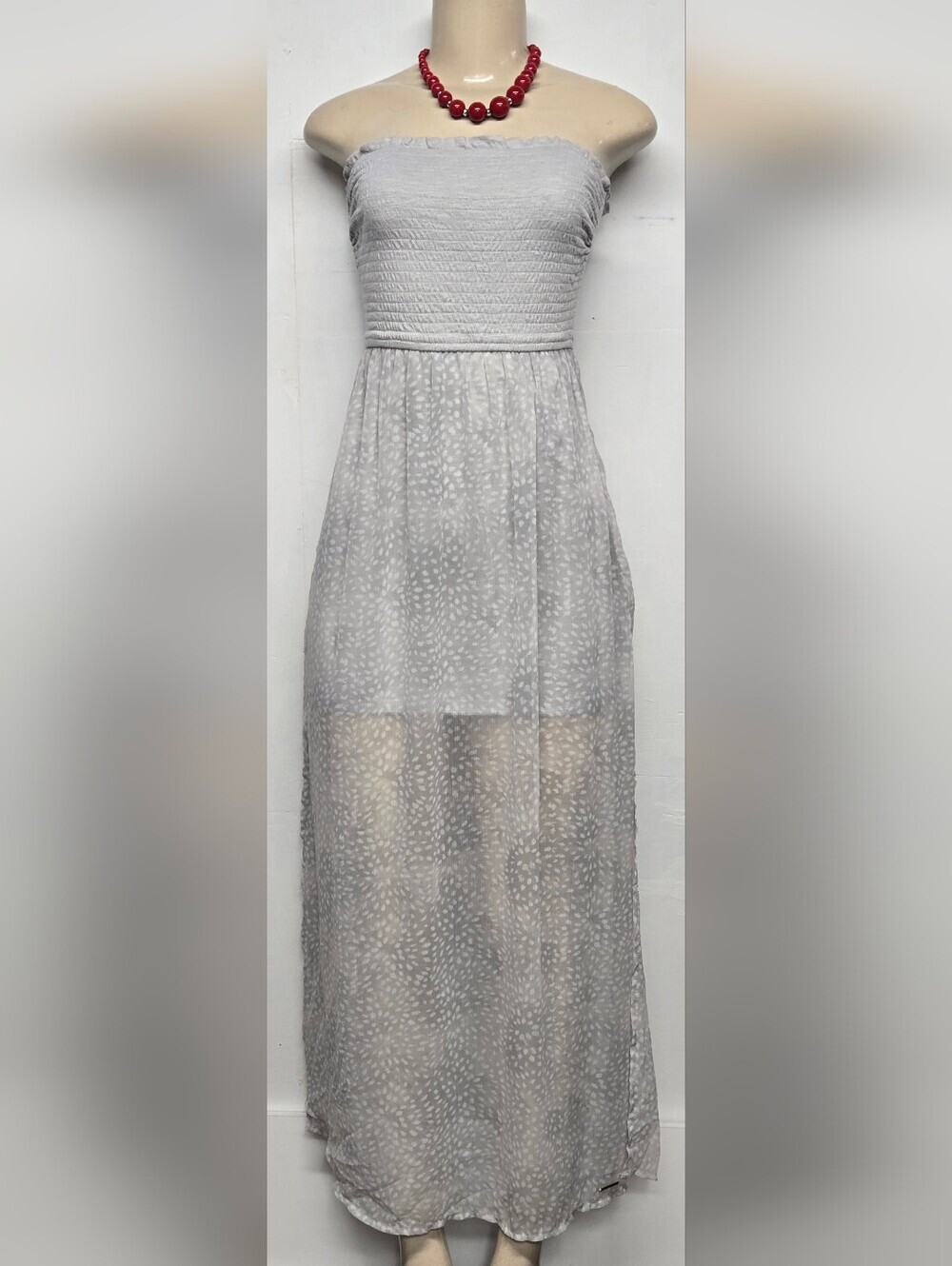 Abercrombie & Fitch S Long Smocked Tube Dress Gray Polka Dot High Low Chiffon